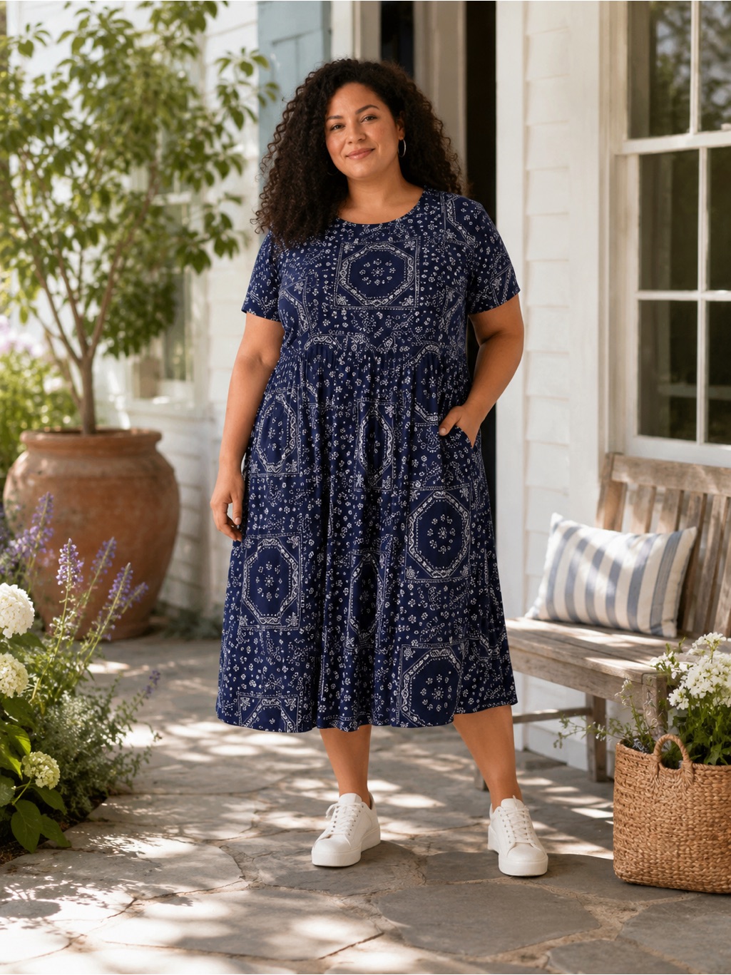 Plus-Size Navy Blue Midi Dress With Bandana Print